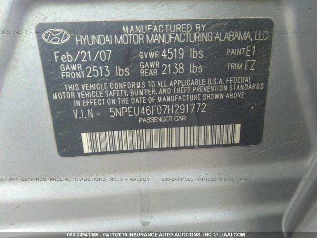 5NPEU46F07H291772 - 2007 HYUNDAI SONATA SE/LIMITED GRAY photo 9