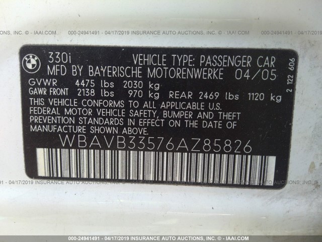 WBAVB33576AZ85826 - 2006 BMW 330 I WHITE photo 9