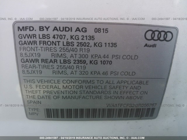 WA1FFCFS2GR005767 - 2016 AUDI Q3 PRESTIGE WHITE photo 9