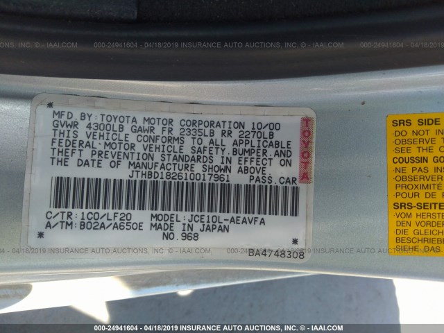 JTHBD182610017961 - 2001 LEXUS IS 300 SILVER photo 9