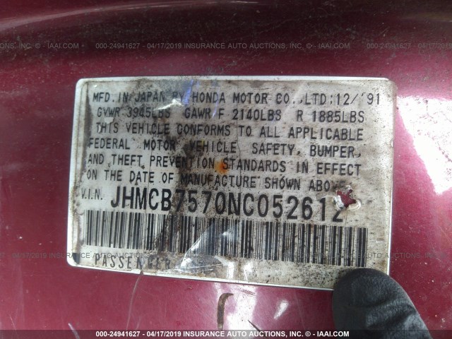 JHMCB7570NC052612 - 1992 HONDA ACCORD EX/EX-R RED photo 9