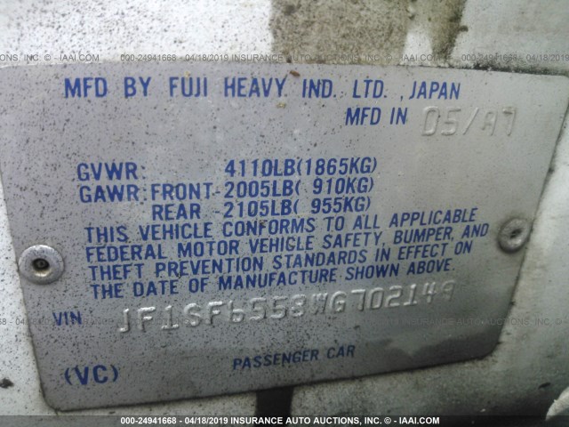 JF1SF6558WG702149 - 1998 SUBARU FORESTER S WHITE photo 9