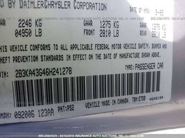 2B3KA43G46H241278 - 2006 DODGE CHARGER SE/SXT SILVER photo 9