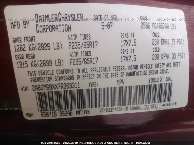 2A8GM68XX7R363311 - 2007 CHRYSLER PACIFICA TOURING RED photo 9