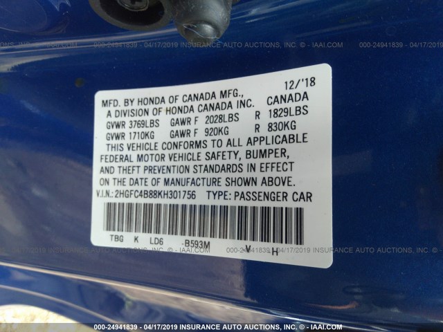 2HGFC4B88KH301756 - 2019 HONDA CIVIC SPORT 蓝色 照片 9