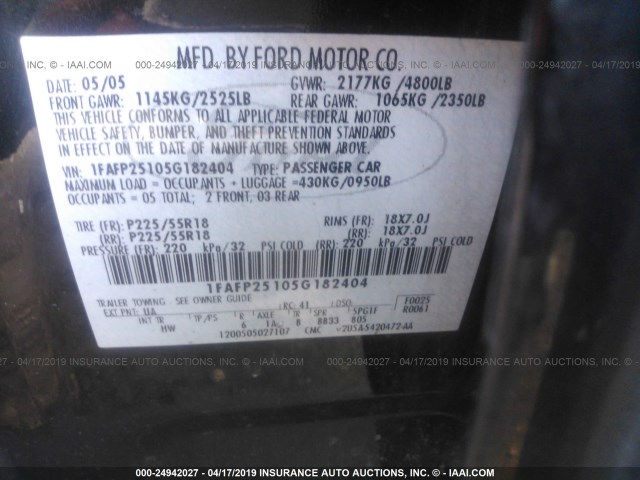 1FAFP25105G182404 - 2005 FORD FIVE HUNDRED LIMITED BLACK photo 9