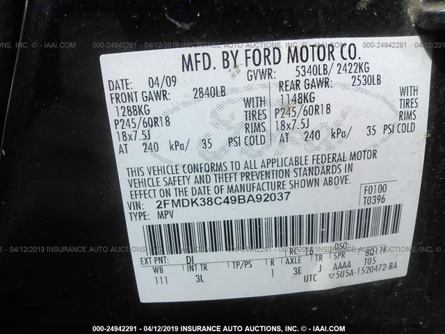 2FMDK38C49BA92037 - 2009 FORD EDGE SEL BLUE photo 9