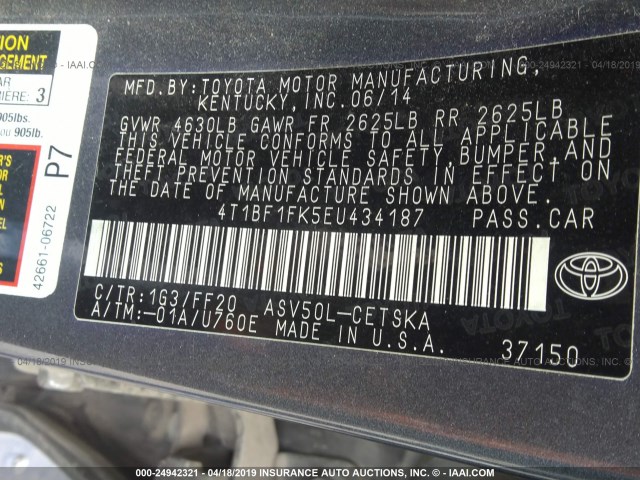4T1BF1FK5EU434187 - 2014 TOYOTA CAMRY L/SE/LE/XLE GRAY photo 9