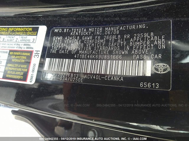 4T1BE46K69U851666 - 2009 TOYOTA CAMRY SE/LE/XLE BLACK photo 9