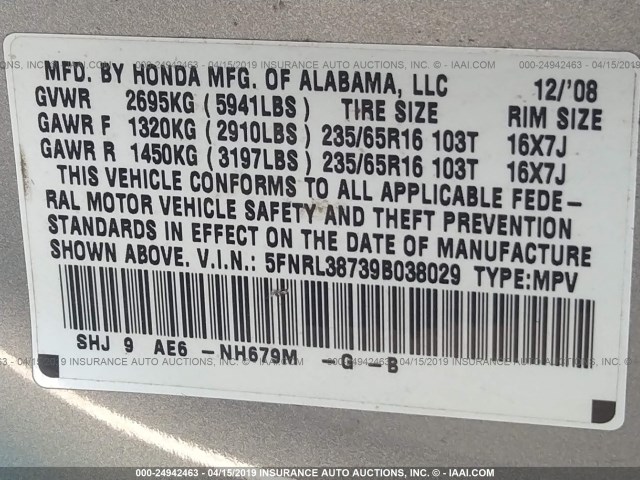 5FNRL38739B038029 - 2009 HONDA ODYSSEY EXL GRAY photo 9