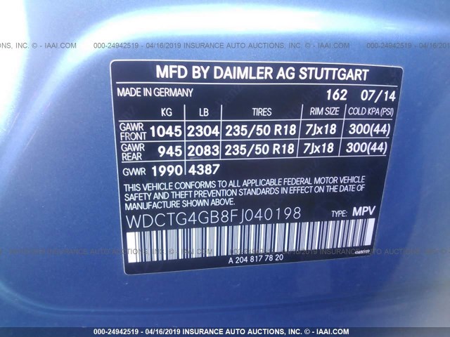 WDCTG4GB8FJ040198 - 2015 MERCEDES-BENZ GLA 250 4MATIC BLUE photo 9