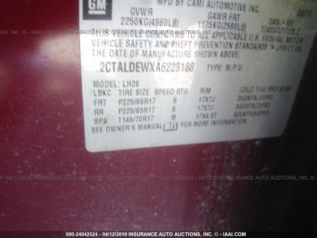 2CTALDEWXA6223188 - 2010 GMC TERRAIN SLE MAROON photo 9