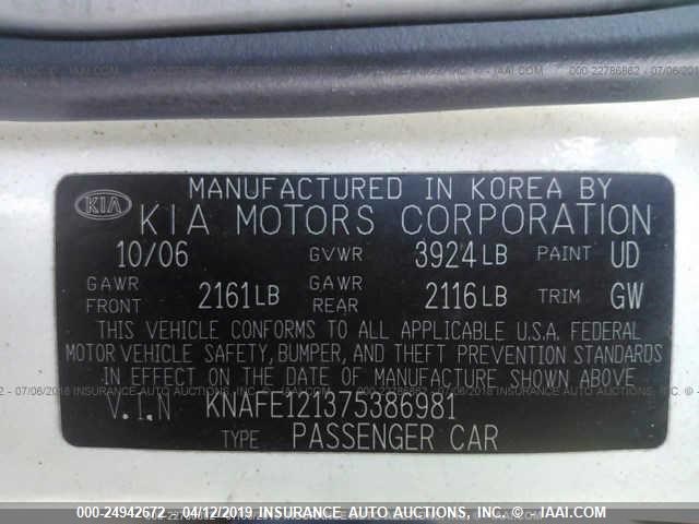 KNAFE121375386981 - 2007 KIA SPECTRA EX/LX WHITE photo 9