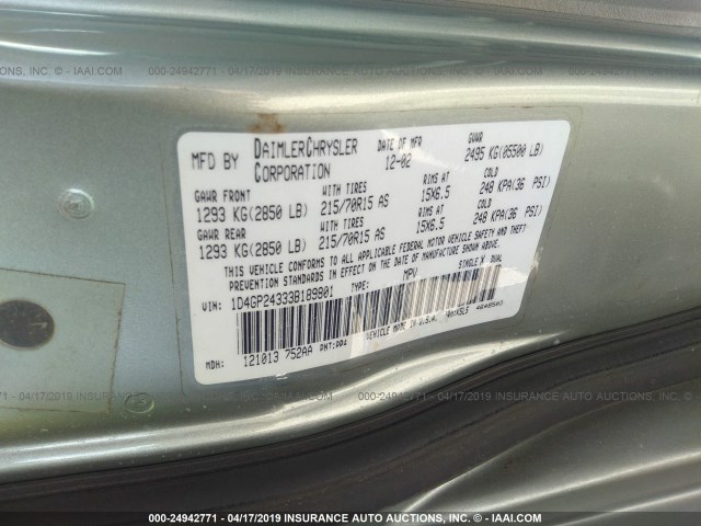 1D4GP24333B189801 - 2003 DODGE GRAND CARAVAN SE SILVER photo 9