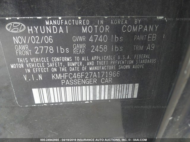 KMHFC46F27A171966 - 2007 HYUNDAI AZERA SE/LIMITED BLACK photo 9