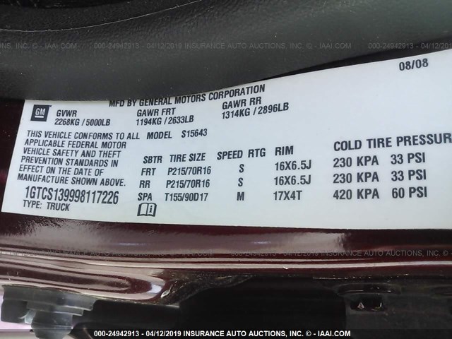 1GTCS139998117226 - 2009 GMC CANYON BURGUNDY photo 9