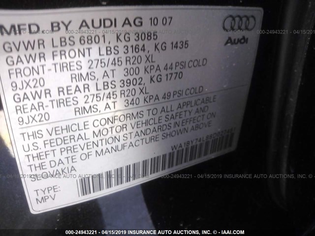 WA1BY74L88D027461 - 2008 AUDI Q7 3.6 QUATTRO PREMIUM BLACK photo 9