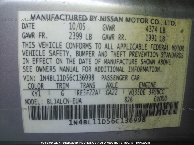 1N4BL11D56C136998 - 2006 NISSAN ALTIMA SE/SL/SE-R SILVER photo 9