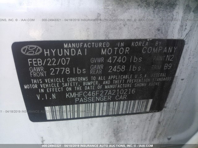 KMHFC46F27A210216 - 2007 HYUNDAI AZERA SE/LIMITED WHITE photo 9