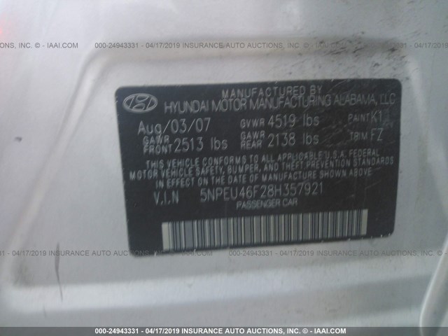 5NPEU46F28H357921 - 2008 HYUNDAI SONATA SE/LIMITED SILVER photo 9