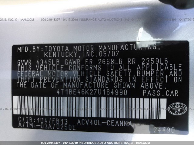 4T1BE46K27U164990 - 2007 TOYOTA CAMRY NEW GENERAT CE/LE/XLE/SE SILVER photo 9
