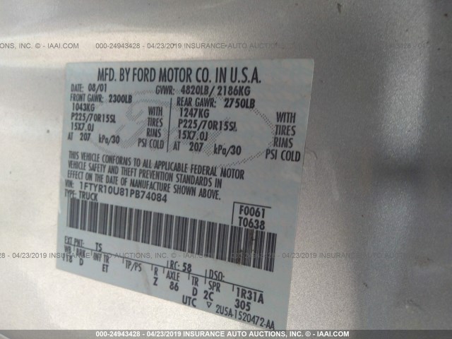 1FTYR10U81PB74084 - 2001 FORD RANGER SILVER photo 9