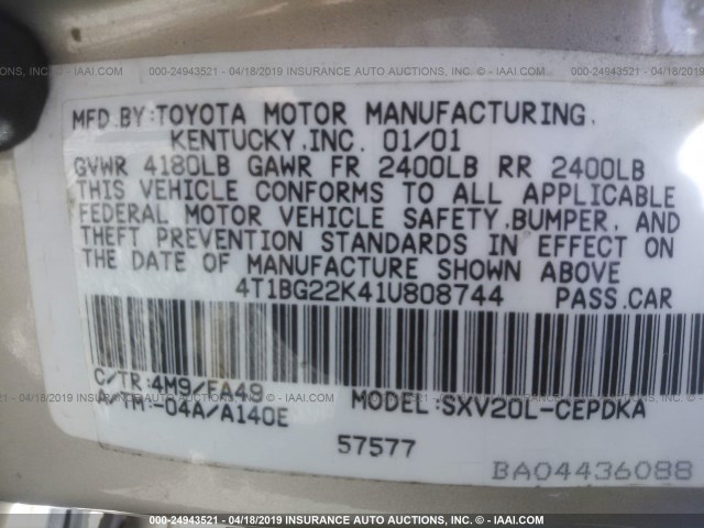 4T1BG22K41U808744 - 2001 TOYOTA CAMRY CE/LE/XLE Champagne photo 9