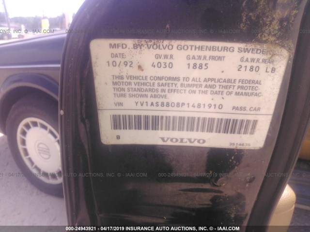 YV1AS8808P1481910 - 1993 VOLVO 240 BLACK photo 9