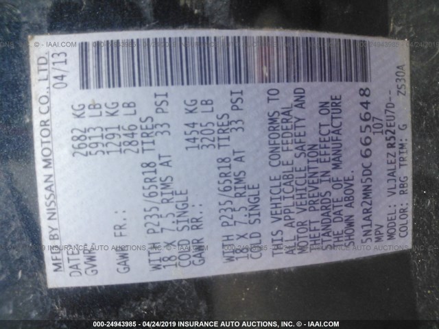 5N1AR2MN5DC665648 - 2013 NISSAN PATHFINDER S/SV/SL/PLATINUM BLUE photo 9