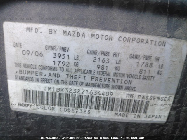 JM1BK323271634409 - 2007 MAZDA 3 S GRAY photo 9