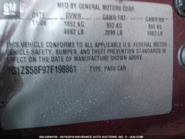 1G1ZS58F97F198861 - 2007 CHEVROLET MALIBU LS MAROON photo 9