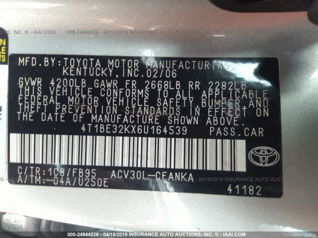 4T1BE32KX6U164539 - 2006 TOYOTA CAMRY LE/XLE/SE SILVER photo 9