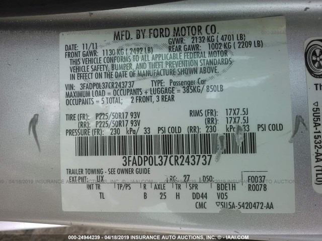 3FADP0L37CR243737 - 2012 FORD FUSION HYBRID SILVER photo 9