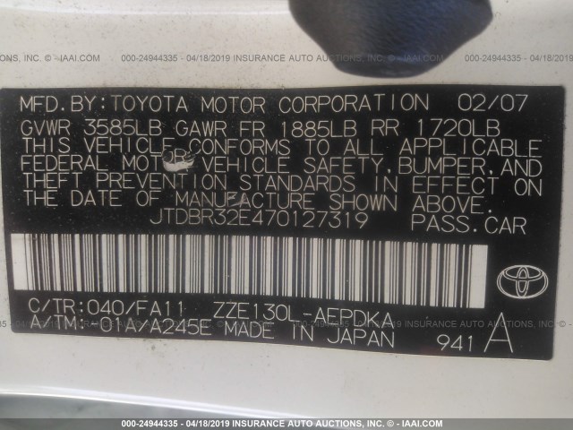 JTDBR32E470127319 - 2007 TOYOTA COROLLA CE/LE/S WHITE photo 9