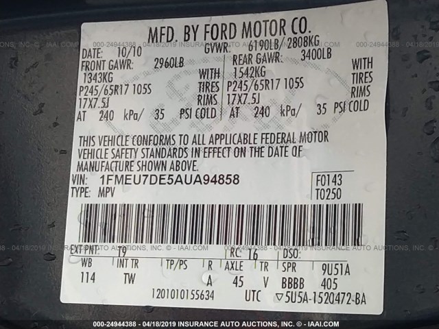 1FMEU7DE5AUA94858 - 2010 FORD EXPLORER XLT BLUE photo 9