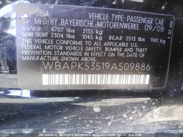 WBAPK53519A509886 - 2009 BMW 328 XI SULEV BLACK photo 9