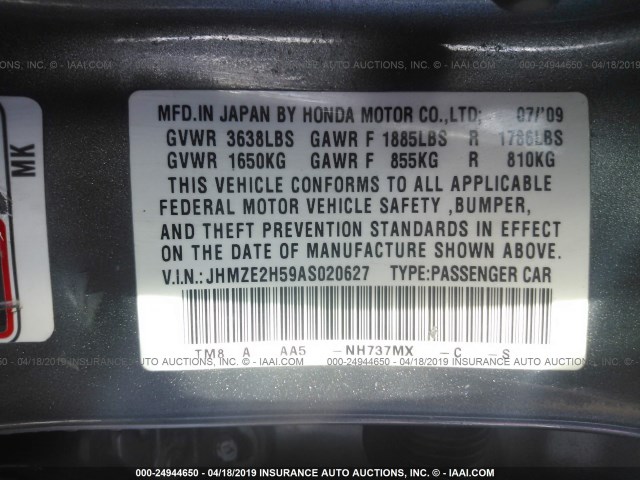 JHMZE2H59AS020627 - 2010 HONDA INSIGHT LX GRAY photo 9