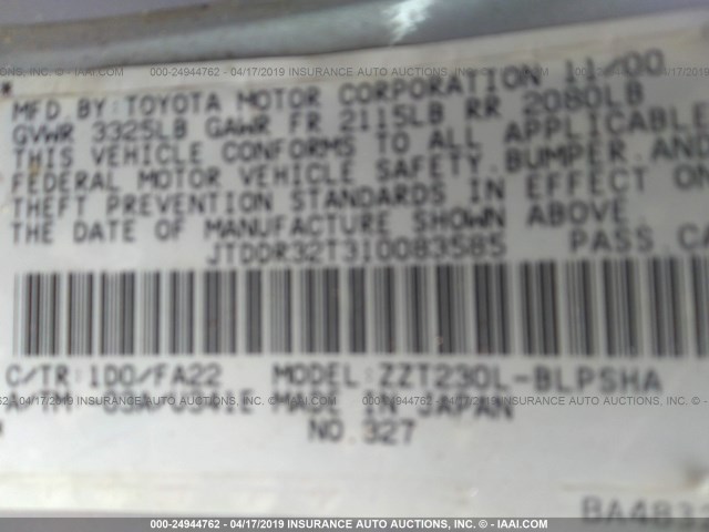 JTDDR32T310083585 - 2001 TOYOTA CELICA GT SILVER photo 9