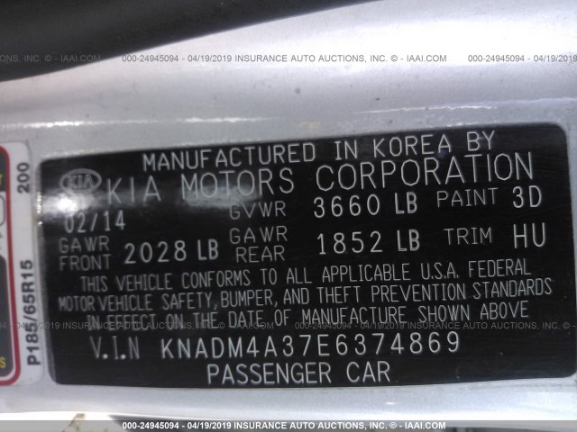 KNADM4A37E6374869 - 2014 KIA RIO LX SILVER photo 9