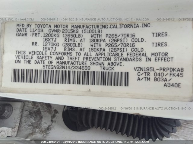 5TEGN92N14Z334699 - 2004 TOYOTA TACOMA DOUBLE CAB PRERUNNER WHITE photo 9