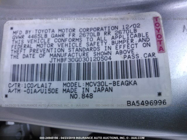 JTHBF30G030120504 - 2003 LEXUS ES 300 SILVER photo 9