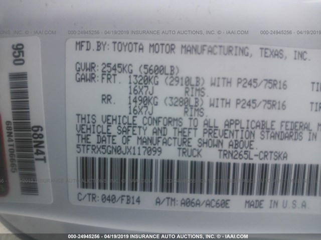 5TFRX5GN0JX117099 - 2018 TOYOTA TACOMA ACCESS CAB/SR/SR5/TRD SPT WHITE photo 9