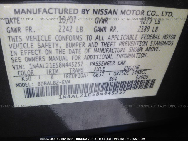 1N4AL21E58N445257 - 2008 NISSAN ALTIMA 2.5/2.5S GRAY photo 9