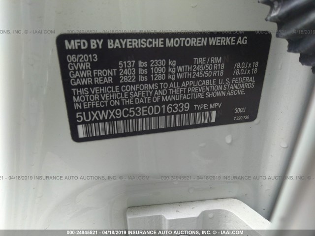 5UXWX9C53E0D16339 - 2014 BMW X3 XDRIVE28I WHITE photo 9