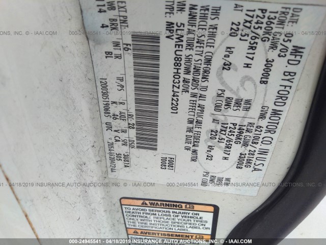 5LMEU88H03ZJ42201 - 2003 LINCOLN AVIATOR 白色 照片 9