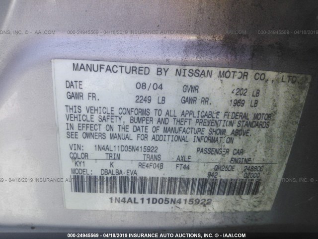 1N4AL11D05N415922 - 2005 NISSAN ALTIMA S/SL SILVER photo 9