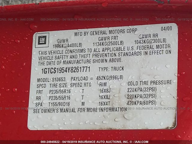 1GTCS1954Y8261771 - 2000 GMC SONOMA RED photo 9