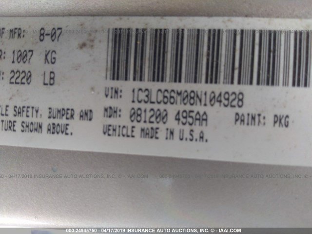 1C3LC66M08N104928 - 2008 CHRYSLER SEBRING LIMITED TAN photo 9