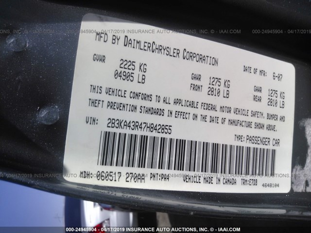 2B3KA43R47H842855 - 2007 DODGE CHARGER SE/SXT SILVER photo 9