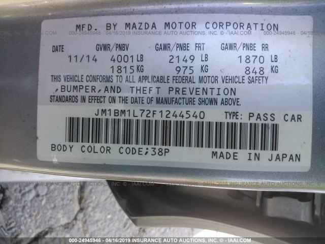 JM1BM1L72F1244540 - 2015 MAZDA 3 TOURING GRAY photo 9